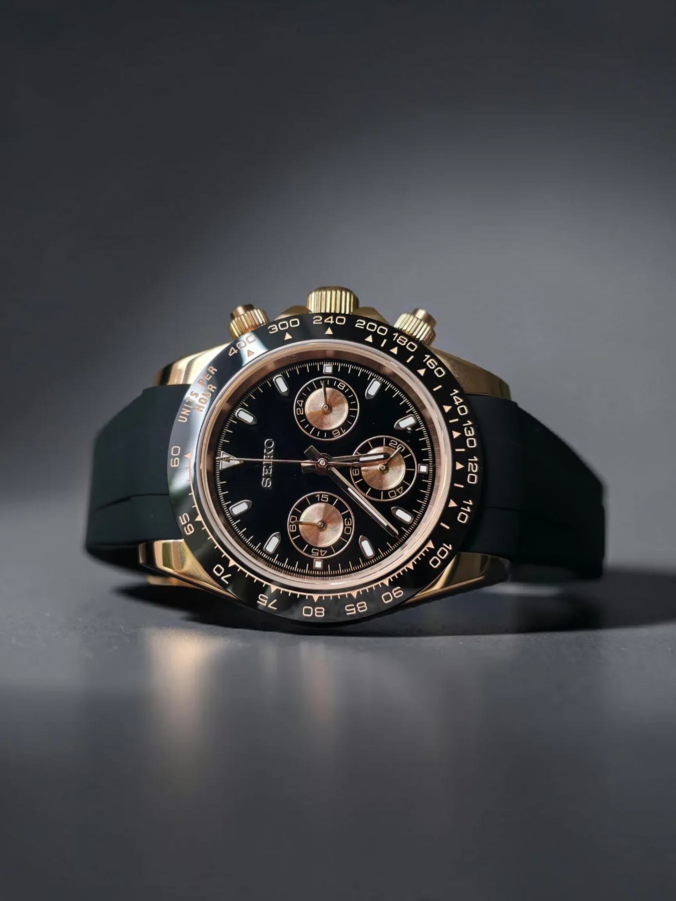 Seiko Mod Daytona Chronographe – Or rose et cadran noir – 40 mm — photo 2