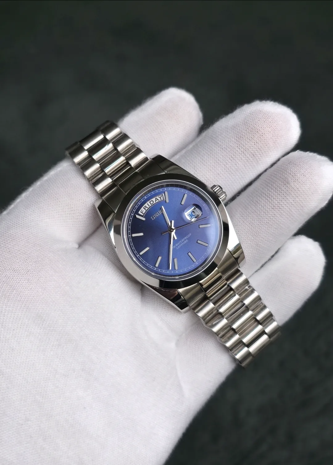 Seiko Mod Day-Date Quartz – Cadran bleu soleillé – 36 mm — photo 4