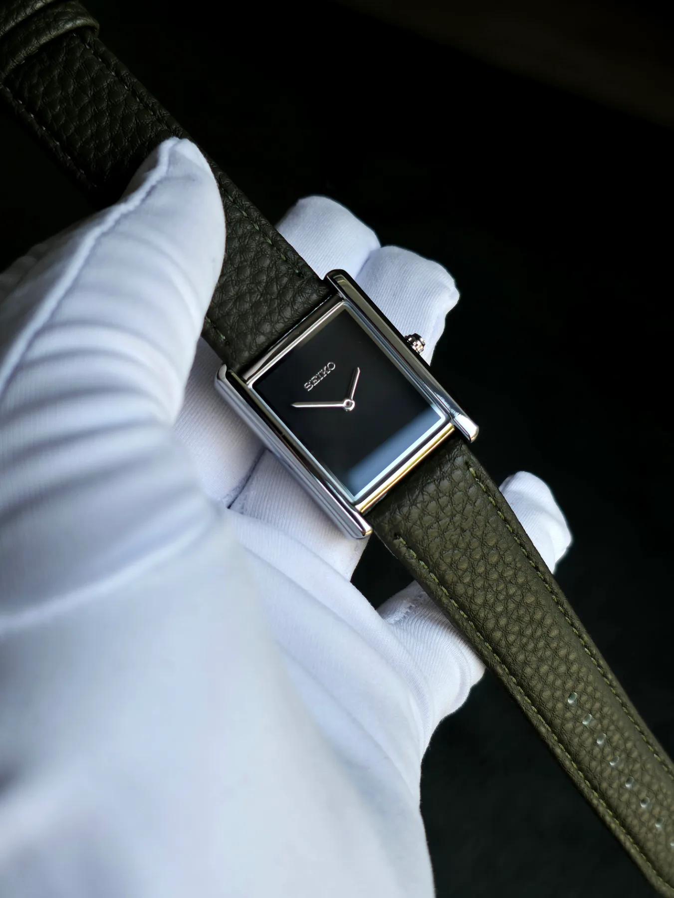 Seiko Mod Tank Quartz – Cadran noir – Bracelet kaki — photo 3