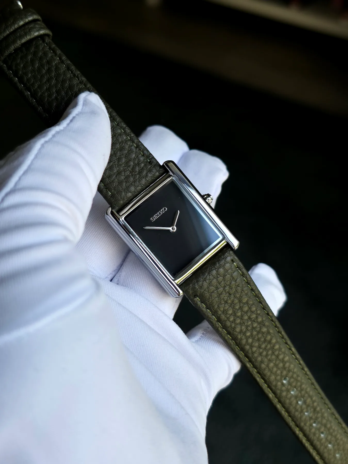 Seiko Mod Tank Quartz – Cadran noir – Bracelet kaki — photo 4