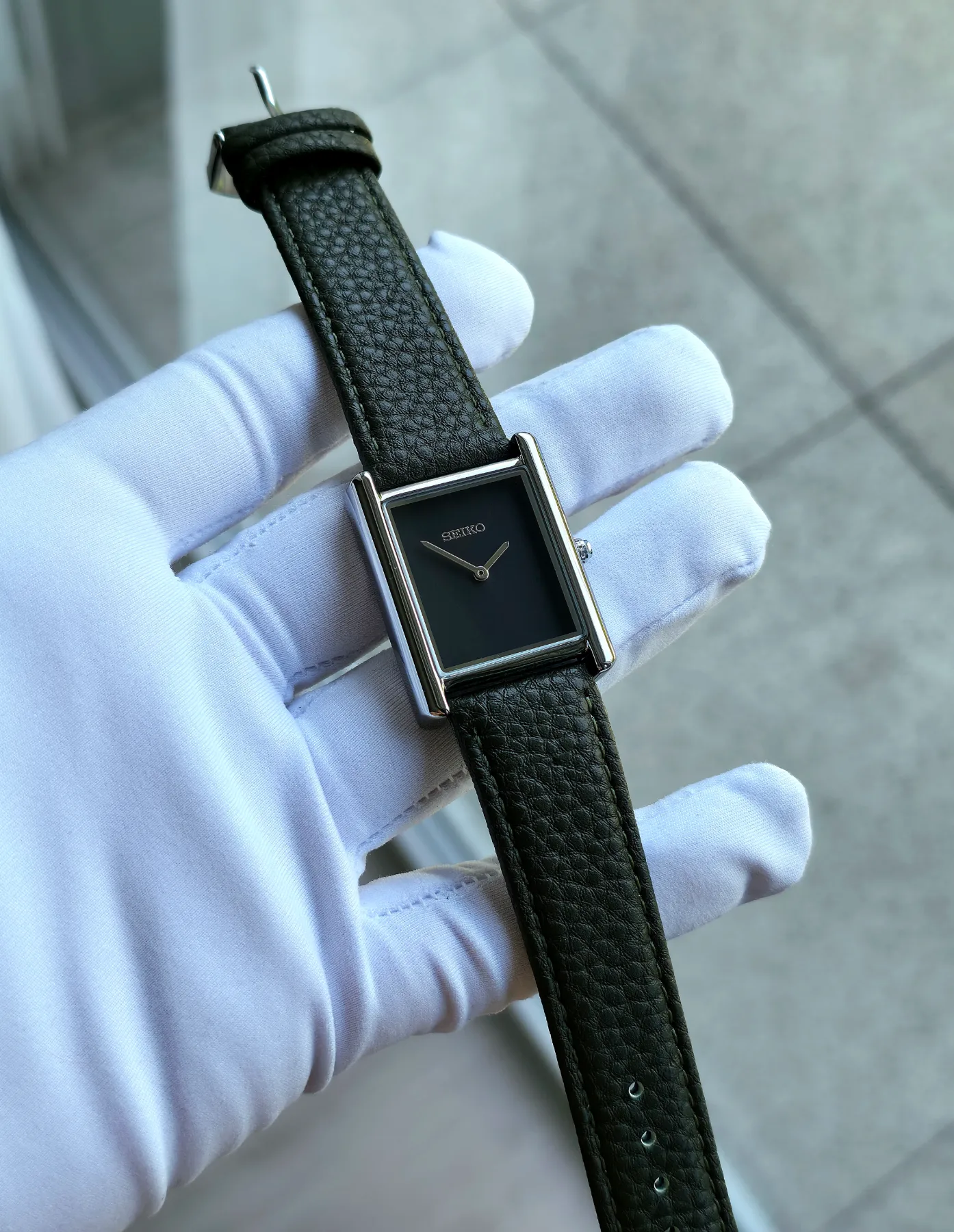 Seiko Mod Tank Quartz – Cadran noir – Bracelet kaki — photo 5