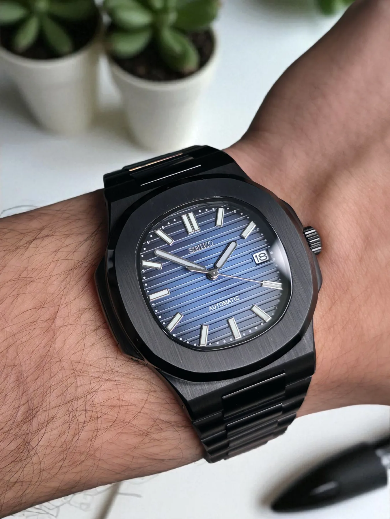 Seiko Mod Nautilus Automatique – Cadran bleu acier – Noir — photo 4